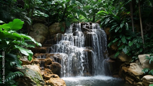 Stunning waterfall cascading down rocks into a pool below  surrounded by lush greenery