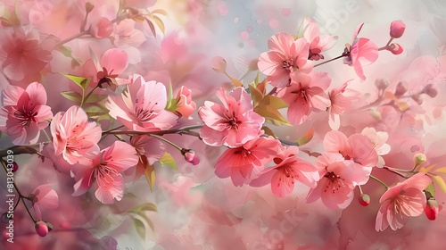 ephemeral beauty of cherry blossoms in full bloom with a soft watercolor style.