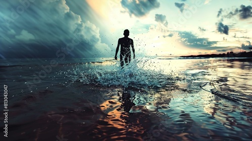 The image displays a person from behind as they walk into a large body of water, likely an ocean or a lake, at what appears to be sunset. The person is centered in the image, creating a dynamic splash photo