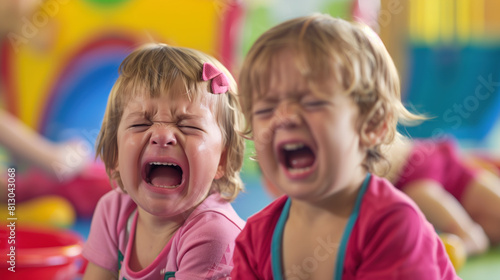 Twin toddlers having a meltdown in a colorful playroom