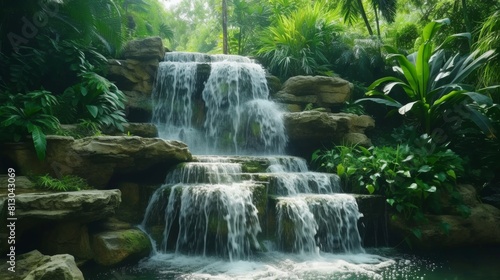 Stunning waterfall cascading down rocks into a pool below  surrounded by lush greenery