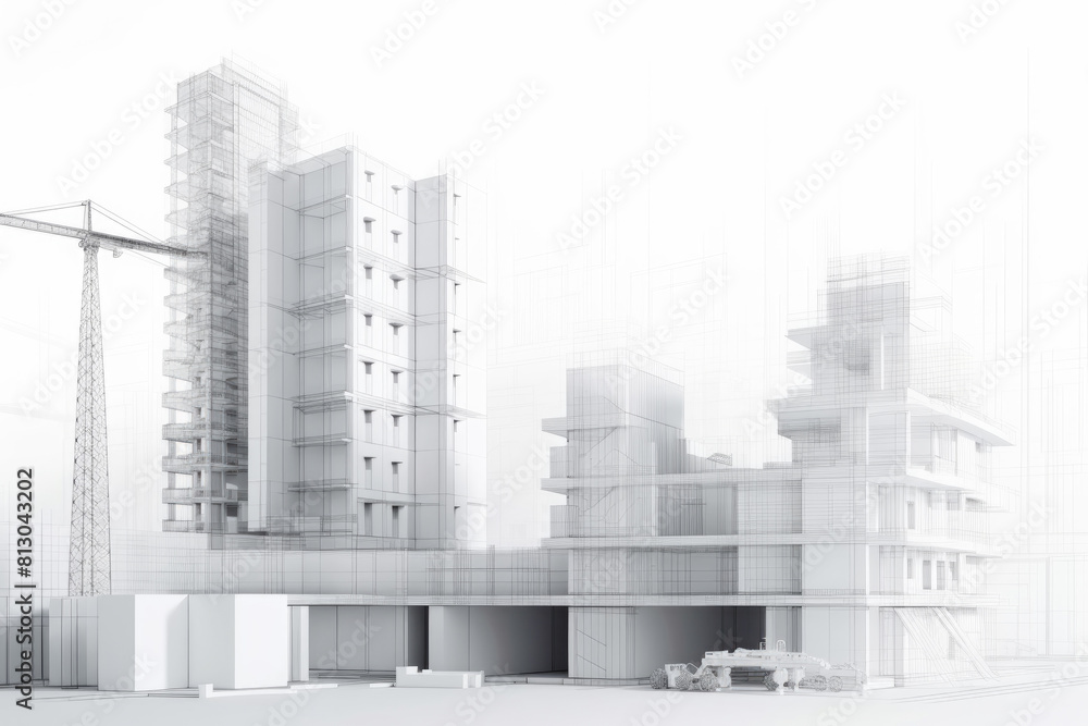 Fototapeta premium Detailed 3D model of a building at a construction site, showcasing ongoing work with cranes, scaffolding, and workers