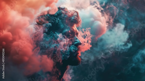 A profile view of an individual surrounded by swirling smoke or vapor, which creates a mysterious and ethereal atmosphere. The smoke is tinted with hues of pink and blue, providing a vivid contrast to