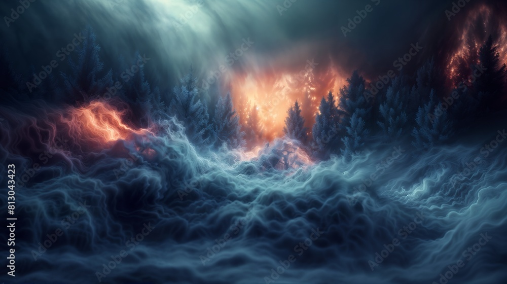 Mystical Forest Fire Amidst Ethereal Fog, Dramatic and Surreal Landscape