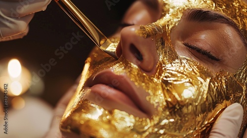 Capture a skilled beautician in a luxury spa in Paris applying a gold leaf facial treatment 