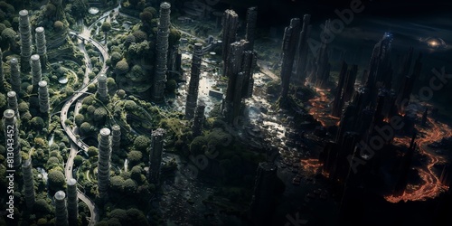 Futuristic City Split by Lush Greenery and Molten Lava Rivers Under Twilight