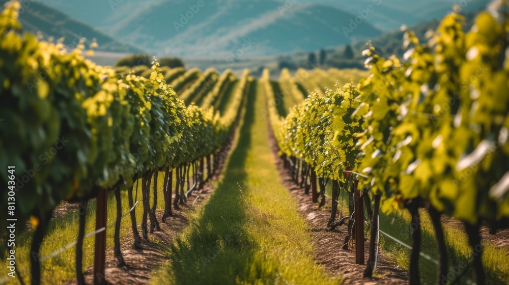 Naklejka premium Scenic vineyard with rows of grapevines stretching into the distance