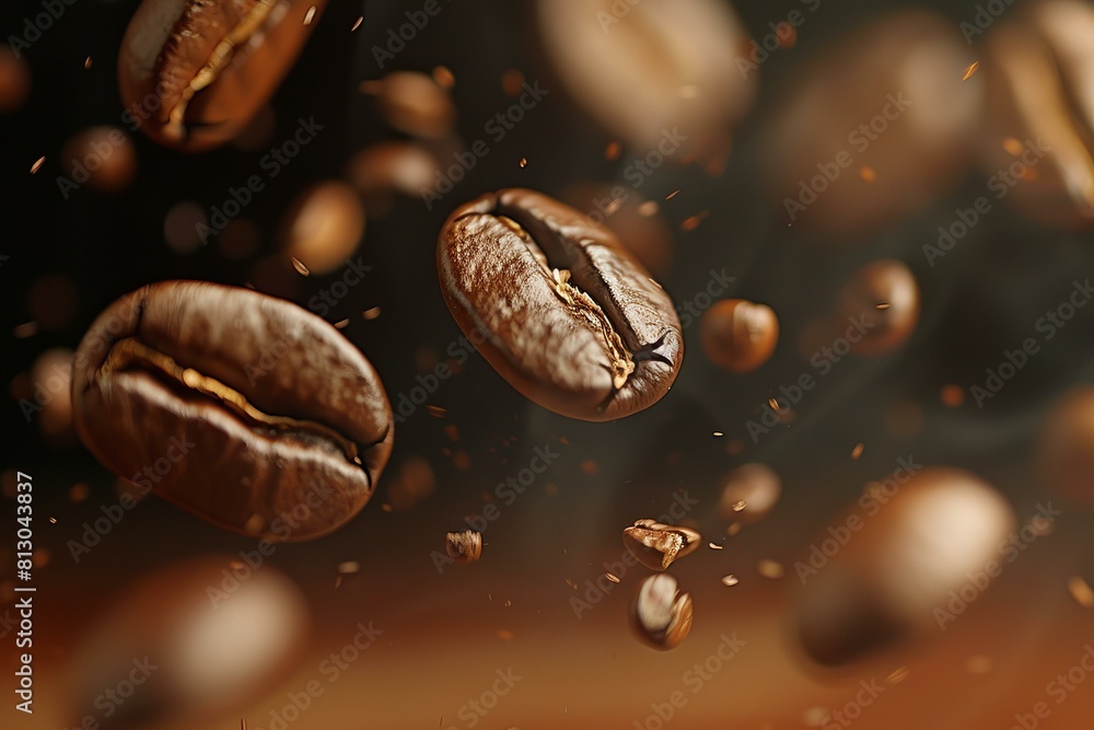Closeup of airborne roasted coffee beans showcasing a rich texture against a warm, dark background Closeup of airborne roasted coffee beans showcasing a rich texture against a warm, dark background