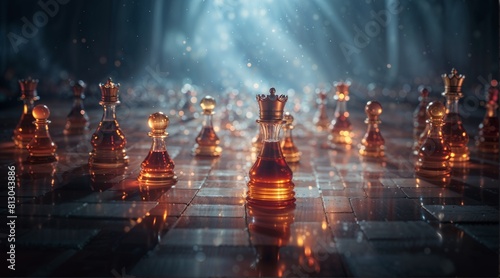 Dramatic Chess Board Scene with Illuminated Pieces and Mystic Fog