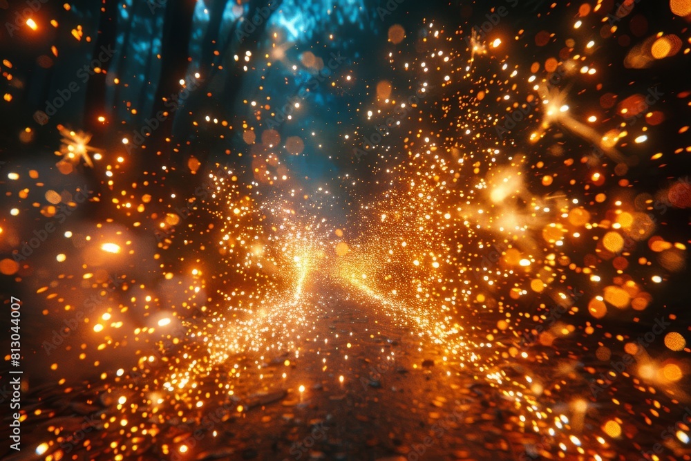 A mystical scene of a forest path showered with golden sparkles that suggest a magical or enchanted moment