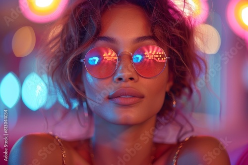 Stylish woman wearing reflective sunglasses with colorful light reflections