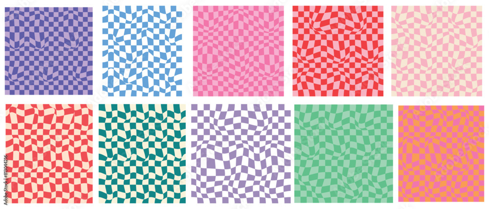 Groovy hippie 70s backgrounds. Checkerboard, chessboard, mesh, waves patterns. Twisted and distorted vector texture in trendy retro psychedelic style. Y2k aesthetic. eps 10 Groovy hippie 70s backgrounds. Checkerboard, chessboard, mesh, waves patterns. Twisted and distorted vector texture in trendy retro psychedelic style. Y2k aesthetic. eps 10