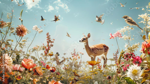 A deer stands in a field of colorful flowers, surrounded by vibrant blooms under the open sky