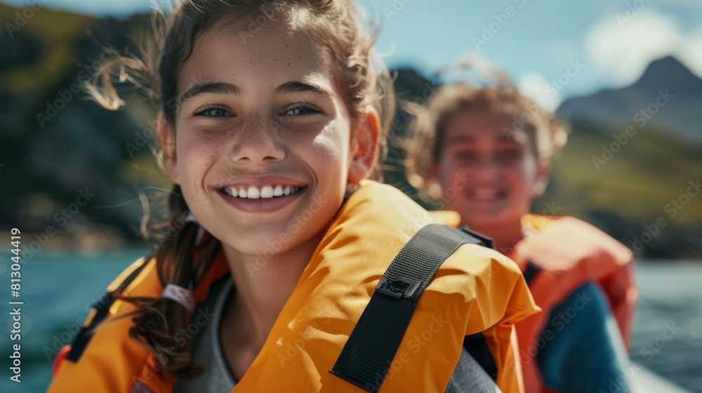 Two girls wearing life jackets on a boat, adventure background Two girls wearing life jackets on a boat, adventure background
