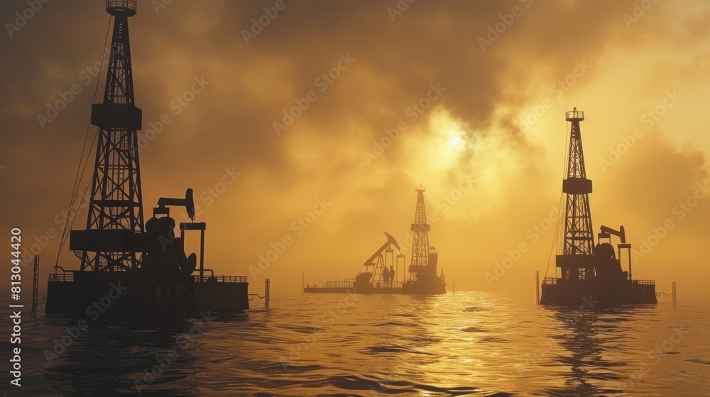 Two oil drilling rigs are backlit by a golden sunset, with reflections shimmering on the calm ocean surface, conveying energy and industrial themes Two oil drilling rigs are backlit by a golden sunset, with reflections shimmering on the calm ocean surface, conveying energy and industrial themes