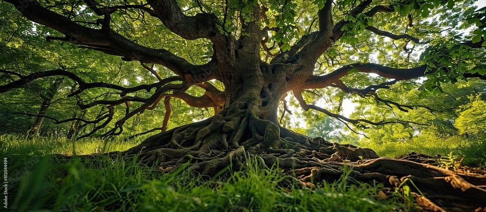 Fototapeta premium Majestic tree with intricate roots spread out, vibrant green leaves, surrounding grass