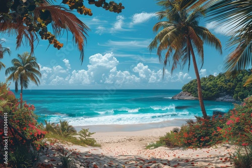 Bright tropical beach with vibrant flowers  palm trees  and a view of the ocean waves under a sunny cloud-filled sky