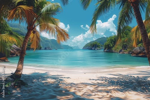 Pristine tropical beach with palm trees framing a serene blue lagoon, surrounded by lush greenery and mountainous terrain