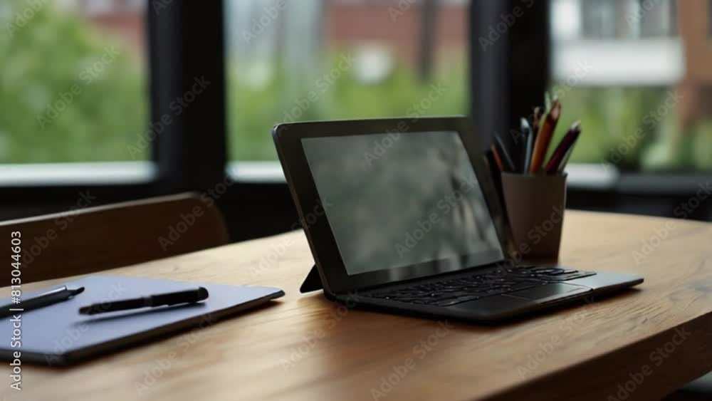 Laptop and Notepad on Wooden Table in Home Office with City View Laptop and Notepad on Wooden Table in Home Office with City View