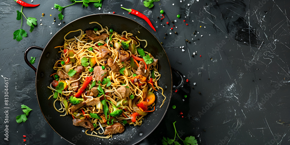 Stir fry noodles in traditional Chinese wok Asian noodles shrimps Wok noodle Space for text