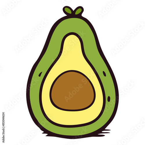  A cartoon illustration of an avocado with a green skin and a yellow flesh