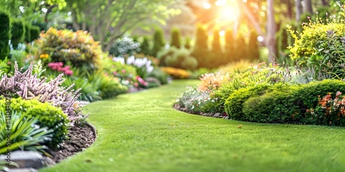 Lush green garden with shrubs flowers and a wellmaintained lawn. Concept Garden Design, Landscaping, Plant Care, Outdoor Living, Gardening Techniques photo