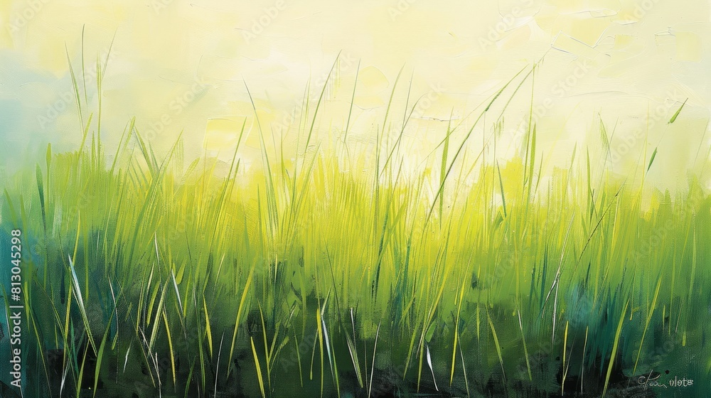 Obraz premium A painting of a field of grass with a blue sky in the background