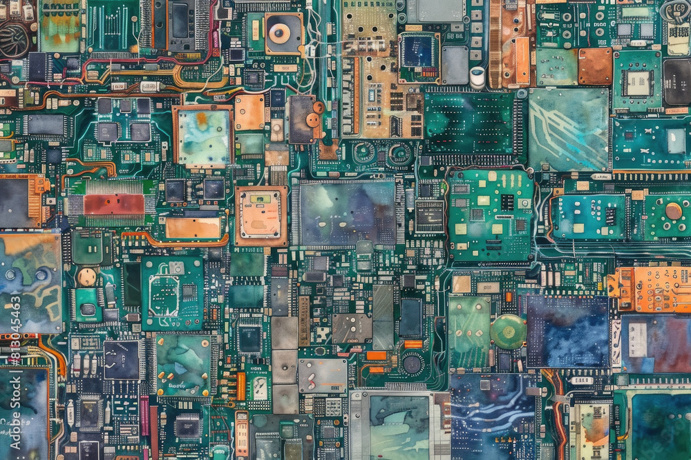 The painting depicts a detailed circuit board with various electronic components interconnected, showcasing the complexity of technology