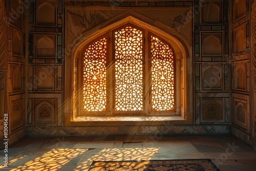 Windows featuring ornate gold motifs in arched frames. Classic design concept