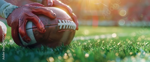Football Field Background With A Close-Up Of A Quarterback'S Hand On The Ball photo