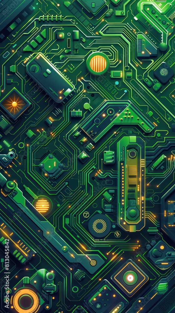 Fototapeta premium Circuit board. Green electronic circuit board with microchips and electronic components.