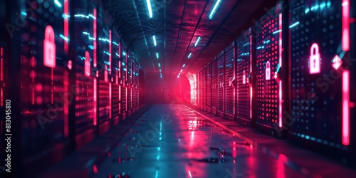 Abstract technology background with glowing neon lights and server racks. Futuristic sci-fi concept.