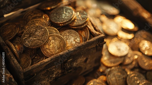 An old wooden treasure chest filled with gold coins. photo