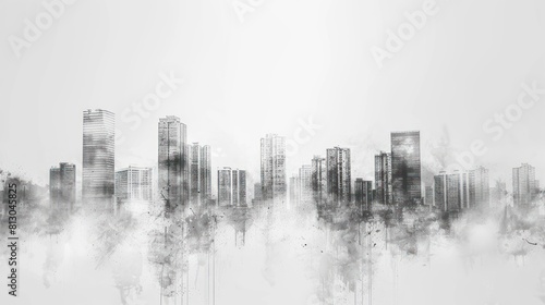 Black and white cityscape with fog.