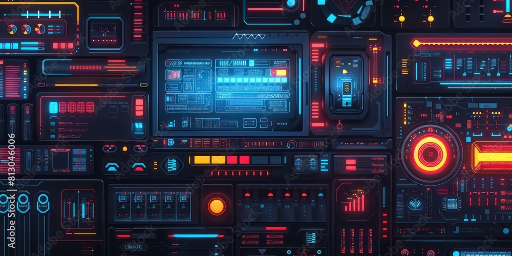© BoOm - Futuristic spaceship control panel with glowing lights and buttons.