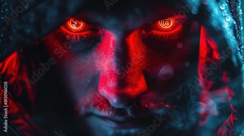 Glowing red eyes of a man staring at you in the dark photo