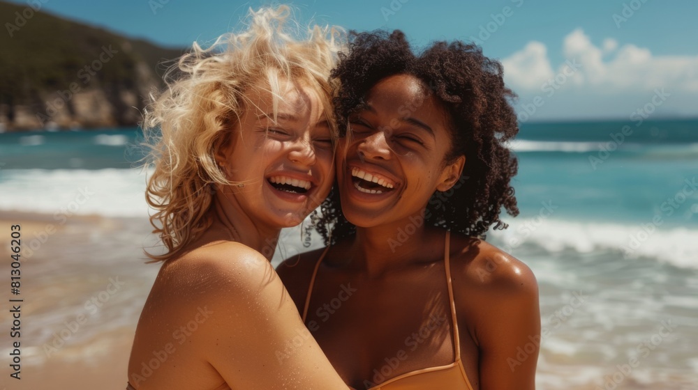 Joyful Friends Embracing on Beach