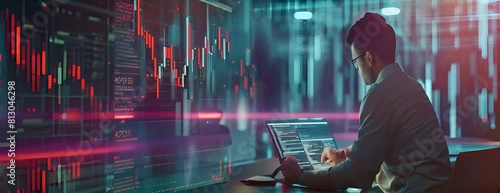 Data scientist, Programmer using laptop analyzing financial data on futuristic virtual interface. Algorithm. Global business development, strategy and planning, digital technology - photo