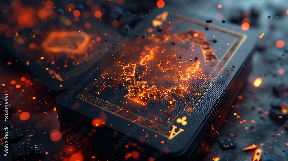Naklejka premium Playing cards in a blazing fire, Copy space,Space for text,Generative AI,燃え盛る炎に包まれているトランプ、コピースペース,テキスト用スペース,Generative AI,