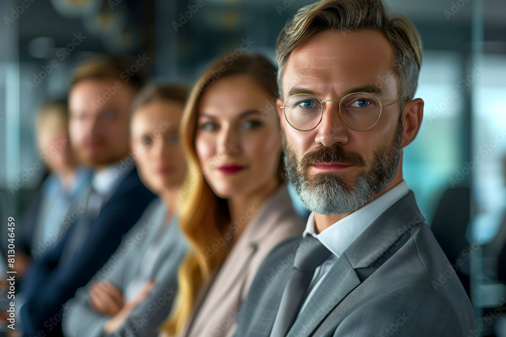 Confident serious Male Business Leader with Team in Background in Corporate Office looking at camera Confident serious Male Business Leader with Team in Background in Corporate Office looking at camera