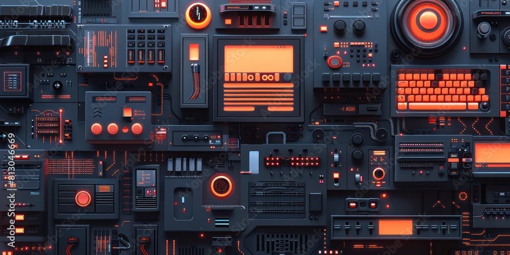 The image is a retro futurism dashboard with a lot of buttons, knobs and switches. The image is a retro futurism dashboard with a lot of buttons, knobs and switches.