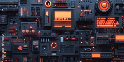 The image is a retro futurism dashboard with a lot of buttons, knobs and switches. © BoOm