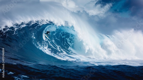 A surfer riding a massive wave in the ocean, adventure background