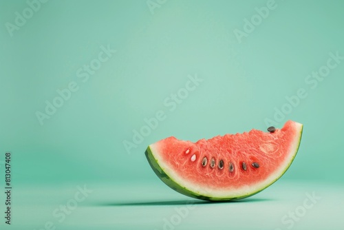 A slice of watermelon is on a green background with copy space