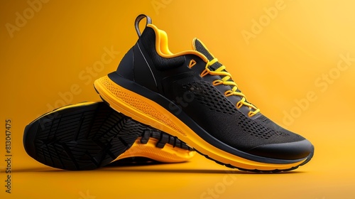 A pair of black and yellow running shoes placed on a bright yellow background  adventure background