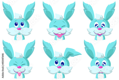 Cartoon emoji set: thinking, laughing, happy, mocking, dizzy, ready to cry. Heads of rabbits. Vector illustration.
