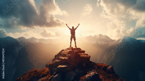 Silhouette of businessman celebrating on the top of mountain. Success concept.