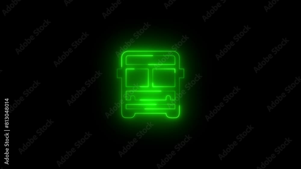 Neon glowing green color bus icon on black background animation Neon glowing green color bus icon on black background animation