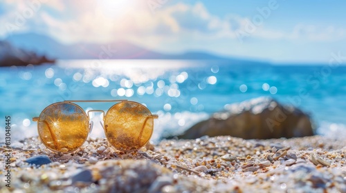 Sunglasses against the sea in the summer