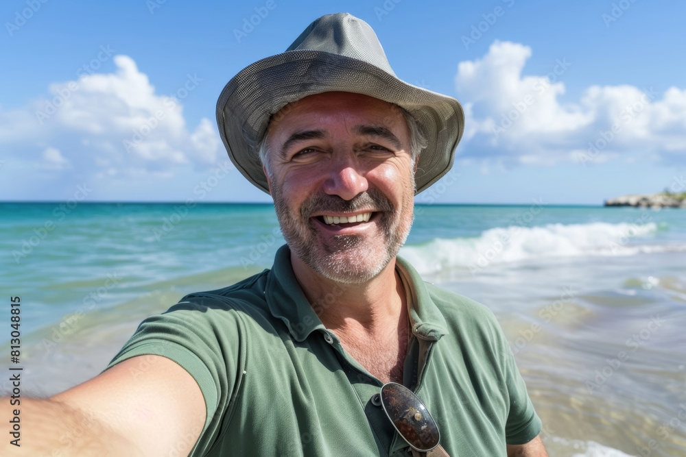 Joyful Mature Man Selfie at Caribbean Beach, Selfie of a smiling mature Caucasian man in a hat, enjoying a bright day at a Caribbean beach - Summer Vacation Concept

